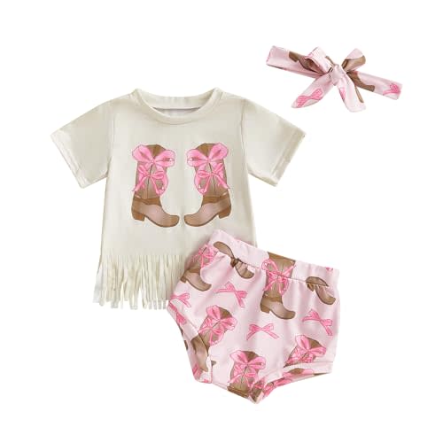 Fernvia Western Toddler Baby Girl Clothes Letter Short Sleeve T-Shirt Top + Tassel Shorts Outfits + Headband 3Pcs Set
