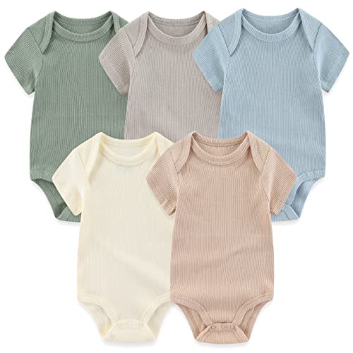 MAMIMAKA Newborn Baby Short Sleeve Bodysuit Cotton One-Piece Baby Clothes 5-Pack, 0-12 Months