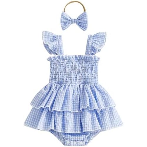 Douhoow Baby Girl Plaid Romper Flying Sleeve Ruffle Baby Dress Romper Infant Girl Summer Clothes with Headband