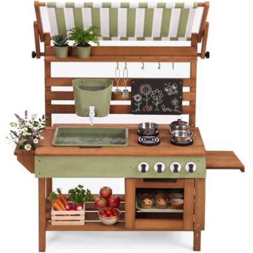Best Choice Products Deluxe Wooden Outdoor Mud Kitchen for Kids w/ Canopy, Water Tank, Faucet & 11pc Accessories - Olive