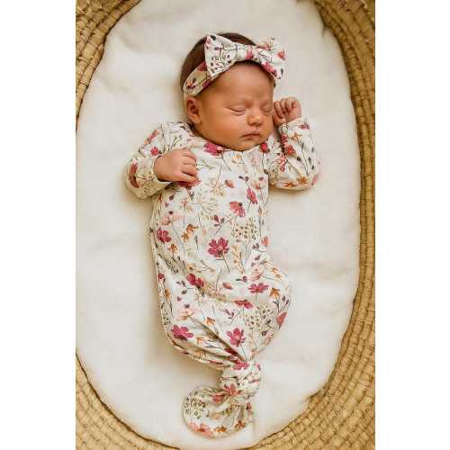 Purple Floral Bamboo Knotted Gown With Bow, Coming Home Outfit Baby Girl, Newborn Coming Home Set, Baby Hospital Outfit