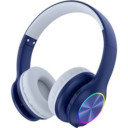 Bluetooth Kids Headphones Fit for Aged 3-21, Colorful LED Lights Comfort Wireless Headphones with Microphone 94dB Volume Limited for School/iPad/PC/TV/Cellphones, Wired & TF Card Mode, Navy Blue