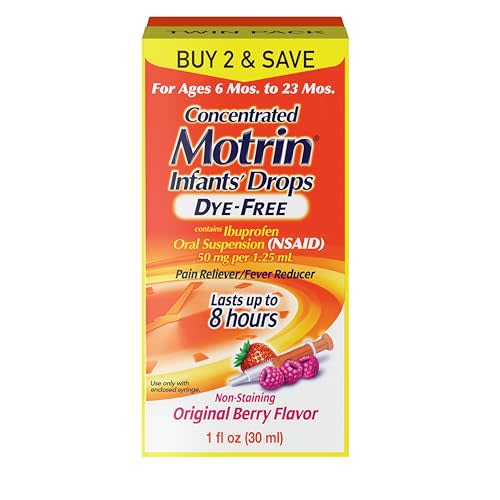 Infants' Motrin Dye-Free Liquid Ibuprofen, Berry Flavor, 1 fl oz Twin Pack | Fever Reducer and Pain Reliever, Kids and Infants 6-23 Months, Alcohol-Free Oral Pain Relief, Syringe Included