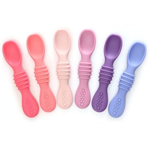 PrimaStella Silicone Rainbow Chew Spoon Set for Babies and Toddlers - Safety Tested - BPA Free - Microwave, Dishwasher and Freezer Safe - Rosy Shades
