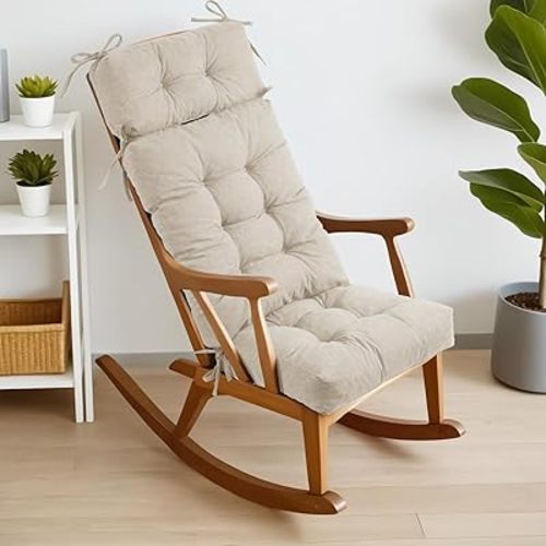 Rocking Chair Cushions for Indoor Rocker, Comfortable Polyester Brushed Tufted Non-Slip Rocking Chair Pads with Ties for Adirondack, Glider Chair rocker replacement cushions, Beige Cream, 52"x19"x4"