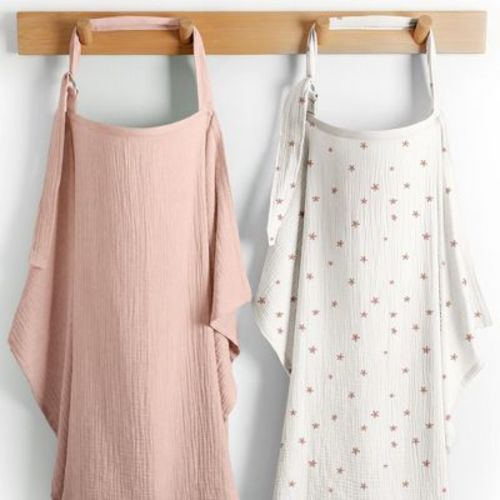 Comfy Cubs Muslin Nursing Cover, Pack of 2 - 100% Cotton Adjustable Neck Strap with Privacy Coverage - Flower Pattern and Blush