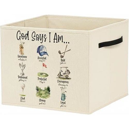 MNKVITMEAK Christian Golf Storage Bin Box with Handles, God Says I Am Bible Verse Golf Foldable Baskets Organizer for Kids Room Nursery Bedroom Bathroom Clothes Toys Books, Toybox for Boys