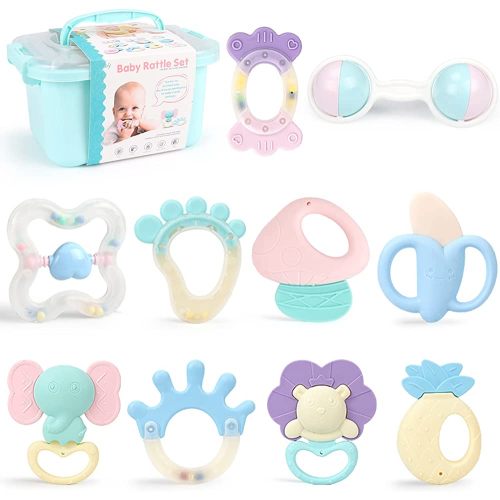DOUBFIVSY Baby Rattle Teething Toys for Babies 0-6-12 Months, 10PCS Grab Spin Rattle Shaker Early Educational Toys with Storage Box, Soothing Teether, Baby Toys 6 to 12 Months Infant Newborn Baby Gift