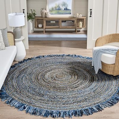 SAFAVIEH Cape Cod Collection Area Rug - 8' Round, Ivory & Denim, Handmade Boho Fringe Jute & Cotton, Ideal for High Traffic Areas in Living Room, Bedroom (CAP206D)