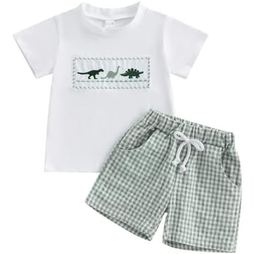 Toddler Boy Summer Outfits Baby Boy Animal Print Short Sleeves T-Shirt Plaid Shorts Set Infant Boy Clothes Set