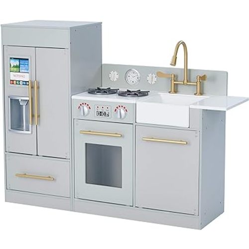 Teamson Kids Little Chef Charlotte Modern Modular Interactive Wooden Play Kitchen with Refrigerator, Stove and Sink in Gray with Gold Accents