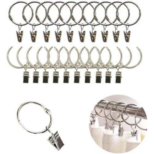 20 Pieces 2 inch Curtain Rings with Clips,Shower Curtain Rings Rust Proof,Ring Clips to Hang Curtains,Movable Clasp Suitable Fixed Pole Shower Strong Hooks Set Silver