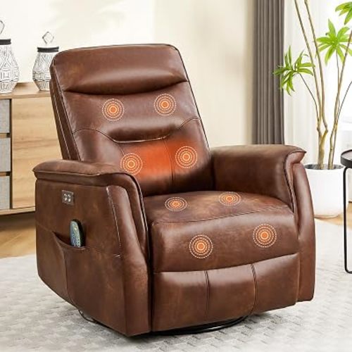 Recliner Chair for Adults, Power Faux Leather Rocker Recliner Massage and Heat, Oversized Swivel Reclining Nursery Chair with USB Ports for Living Room, Dark Brown