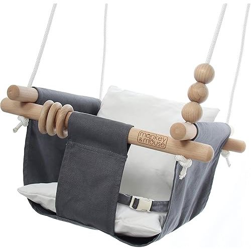 Monkey & Mouse Baby Swing Seat, Secure Canvas and Wooden Hanging Swing Chair, Infant, Toddler, Kids Toys - Indoor and Temporary Outdoor Hammock for Indoor Playground, Tree Swings or Backyard