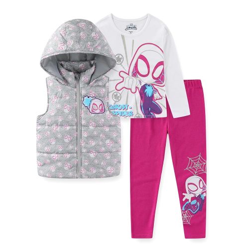 Marvel Spider-Gwen Girls Long Sleeve Shirt Hooded Vest and Legging Pants 3 Piece Outfit Set for Toddler and Big Kids