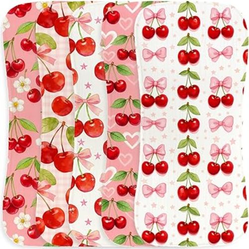 5 Pack Baby Burp Cloths, Soft Cotton Sweet Cherry Theme Burp Cloths, Super Absorbent Cute Fruit Orchard & Gingham Print Washcloths, Newborn Baby Girl Essentials Gift Set