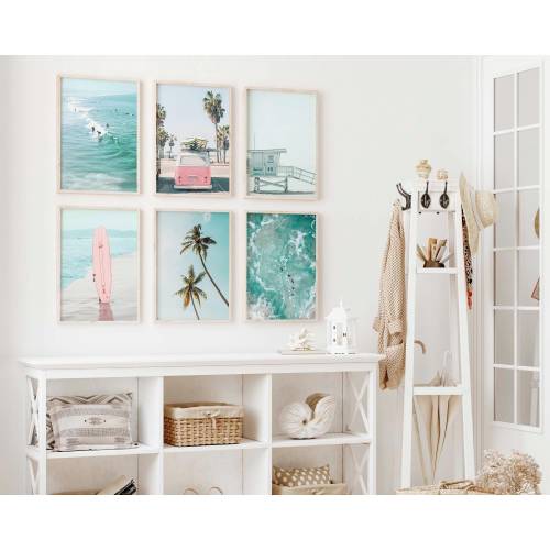 Set of 6 Prints, Set Surfboard Art Teen Girl Room Decor Pastel Blue Beach Surf Print Coastal Tropical California Coastal Beach Prints P6-31