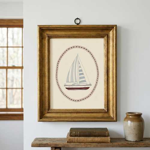 Sailboat Print, Hand-Drawn Nautical Art, Vintage Coastal Nursery Decor (Framed Print)