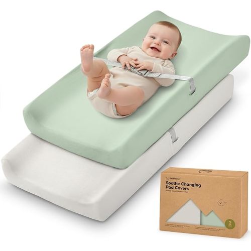 2-Pack Organic Changing Pad Covers for Girl, Boy, 100% Cotton (Sage) | 34x18, Soft Diaper Changing Table Pad Cover, Contour Baby Changing Pad Sheets, Gender Neutral Liners, Nursery Dresser, Fitted