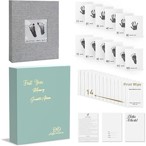 Baby Inkless Milestone Cards Hand Casting Kit Ink Print Hand and Footprint Kit Dog or Cat Pet Paw Print Kit Baby Newborn Footprint Kit Photo Album Keepsake Book Feet Stamp (Green Gift Box + Album)
