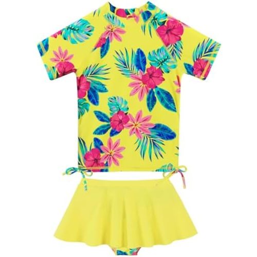 Girls Two Piece Swimsuits Short Sleeve Rash Guard Ruffle Bikini Skirt
