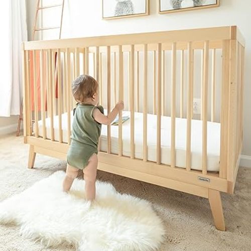 dadada Baby Soho 3-in-1 Convertible Wooden Crib to Toddler Bed - Made in Italy, GREENGUARD Gold Certified, Baby-Safe Finish, Handcrafted Beechwood, Modern Design, 3 Adjustable Heights (Natural)