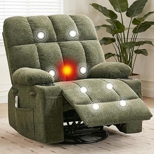 IDEALHOUSE Rocking Recliner Chair with Heat, 38.5" Oversized Swivel Rocker Recliner with Massage, Side Pockets & Cup Holders, Reclining Sofa for Living Room, Bedroom (Green, Linen)
