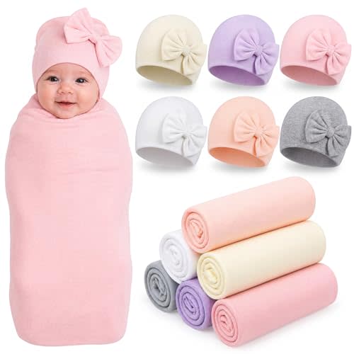 Ramede 6 Set Baby Swaddle Blanket and Hat, 100% Cotton Newborn Receiving Blanket Wrap with Headband, 31.5" Soft, Breathable for Girl Boy Nursery Sleep Cradle Sheet Breastfeed Cover(Simple,Pink)