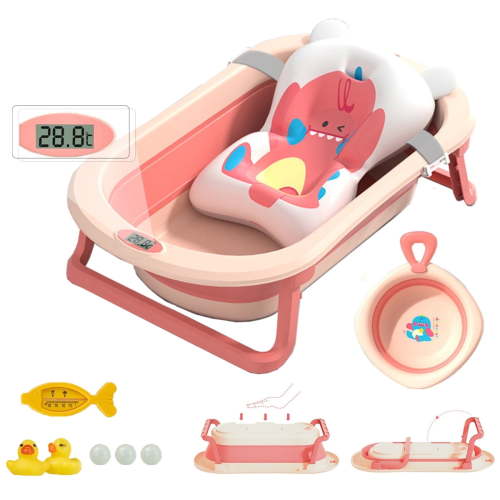 MONEHANE Baby Bath Tub for Girls and Boys, Portable Collapsible Bathtubs with Cushion & Thermometer for Infants to Toddler, Pink