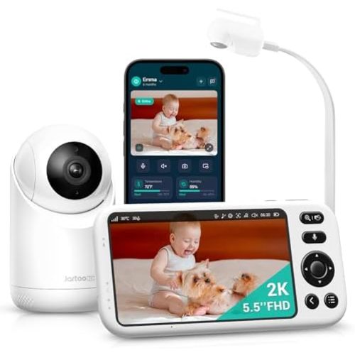 Jartoo Smart Baby Monitor with 2K Camera & Mount, 5.5" Screen, Hybrid Wi-Fi and No Wi-Fi Connection, Long Range, AI-Powered Detection, Free App & 24/7 Recording, ANR