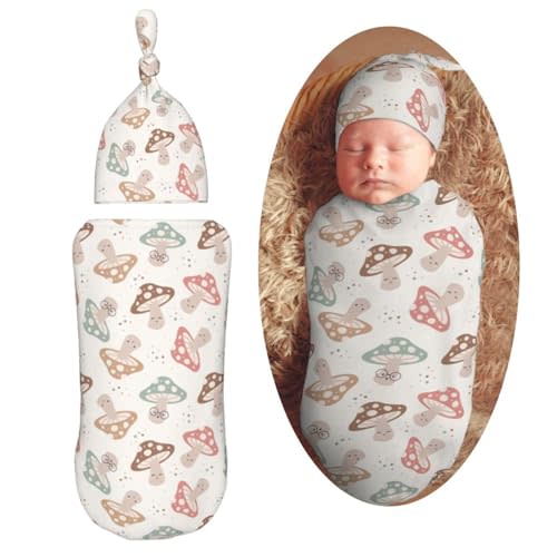 Muishi Happy Mushroom Newborn Swaddle Blankets Hat Sets Soft Baby Receiving Blanket Swaddle Sack for Baby Shower Infant Boy Girl Gift