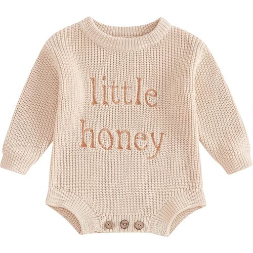 Lesimsam Newborn Baby Boy Girl Valentines Day Outfit Oversized Embroidery Long Sleeve Knit Sweater Bubble Romper Bodysuit