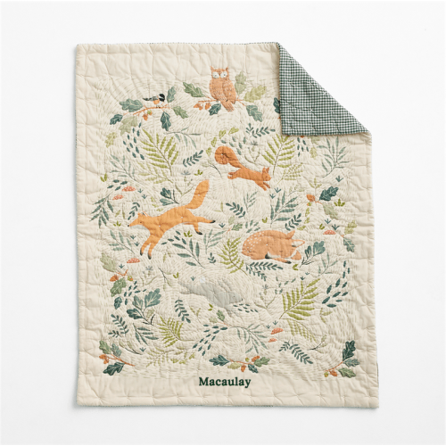 Forest Friends Embroidered 100% Organic Cotton Baby Crib Quilt