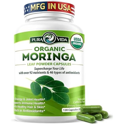 PURA VIDA MORINGA Organic Moringa Capsules, Pure Moringa Leaf Powder Single Origin for Energy, Metabolism & Immune Support, 120ct, 500mg Caps
