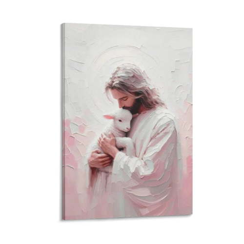 Jesus Kissing The Lamb - Christian Art, Jesus And The Lamb, Jesus Pink Painting Gifts Canvas Painting Poster Wall Art Decorative Picture Prints Modern Decor 24x36inch(60x90cm)