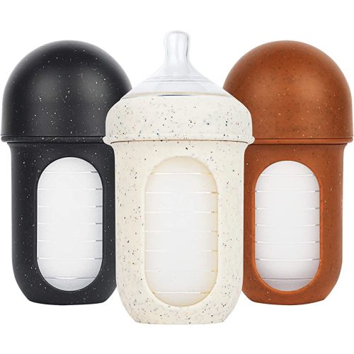 Boon Nursh Reusable Silicone Pouch Baby Bottles - Medium Flow Nipple - Silicone Baby Bottle Pouch and Nipple - Baby Feeding Essentials - Speckle - 3-6 Months - 3 Count - 8 Ounce