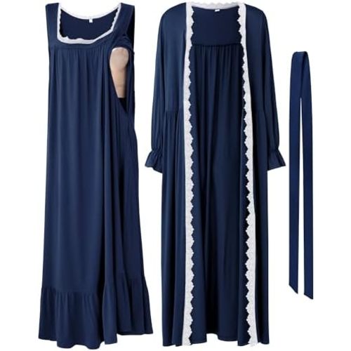 2 Pcs Lace Maternity Nursing Nightgown and Robe Set for Women Nursing Pajamas Gown Breastfeeding Pjs for Hospital