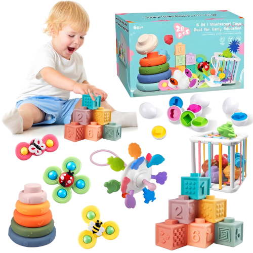 Rirool 6-in-1 Montessori Baby Toys - Sensory Bin & Teething Toys with Stacking Blocks, Eggs, Spinner, Crab Pull Toy (27 Pieces) for Infants 6-36 Months
