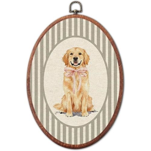 Vintage Golden Retriever Pink Bow Nursery Oval Wall Art Framed, Grey Striped Framed Canvas Prints, Retro Boy or Girl Gift Hanging Wall Decor for Kids Toddler Room Bedroom Playroom, 8.6x11.4 Inch