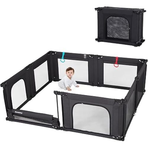 Doradotey Adjustable Baby Playpen with Adult Door, Foldable Large Playpen for Babies and Toddlers, Breathable Mesh Indoor Baby Playard, Safe Play Area, 59 x 59 Inch, Black