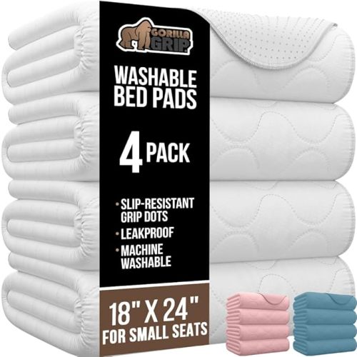 GORILLA GRIP Washable Underpads, Waterproof Reusable Heavy Absorbency Incontinence Bed Pads, Leak Proof Toddler Mattress Pad, 18x24 4 Pack, Slip Resistant for Bedwetting, Adults and Kids, White