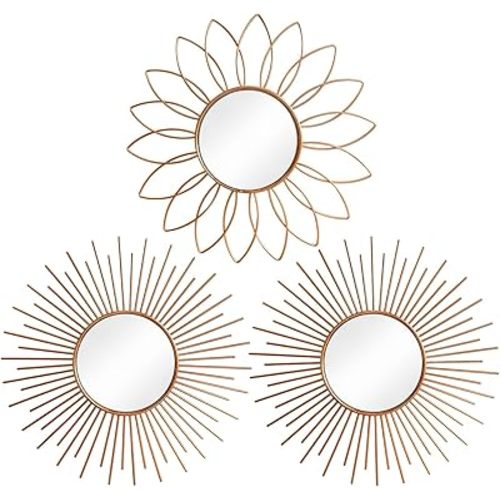 3 Pack Metal Mirrors for Wall Sunburst Wall Mirrors Home Décor Decorative Hanging Wall Art for Living Room Bedroom Entryway (Rose Gold2, Flower+Sunburst)