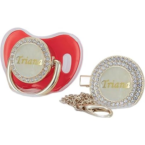 Custom Any Name Can Make Personalized Bling Pacifier and Pacifier Clip Set (Red)