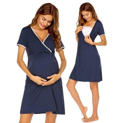 Ekouaer Nursing Nightgown Delivery and Labor Gown for Hospital Short Sleeve Maternity Breastfeeding Dress