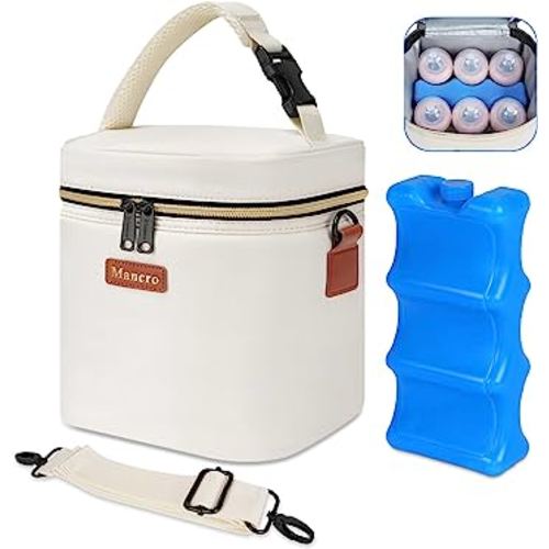 Mancro Breastmilk Cooler Bag with Ice Pack, Fits 6 Insulated Baby Bottles Up to 9 Ounce, Breast Milk Cooler for Nursing Mom (Cream)