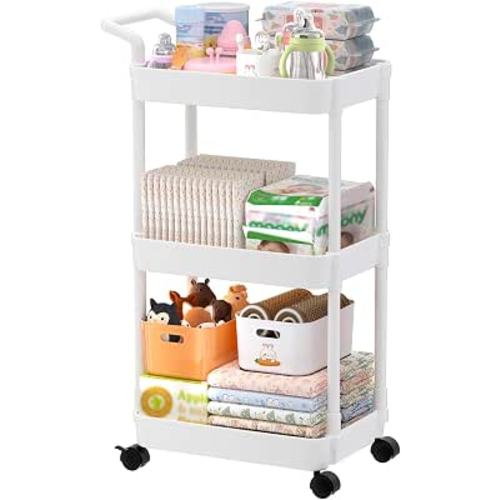 Volnamal Baby Diaper Caddy, Plastic Movable Cart for Newborn Nursery Essentials Diaper Storage Organizer for Changing Table & Crib, Easy to Assemble, Baby Registry, Off-White
