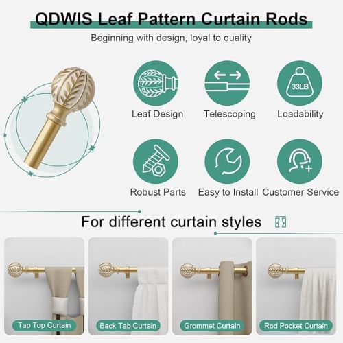 Gold Curtain Rods for Windows 48 to 84 inch,1" Adjustable Heavy Duty Window Curtain Rod with Leaf Finials,Rustic Decorative Drapery Rods Set,Size:36-88''