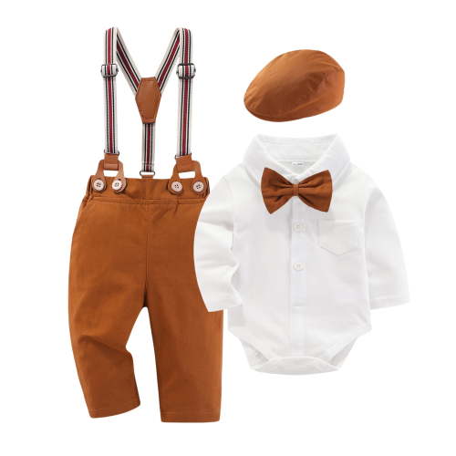 Hresadio Baby Boy Dress Suit Clothes Set Infant Tuxedo Long Sleeve Gentleman Suits Outfits Bowtie Shirt Suspenders Pants Beret Hat 0-24M