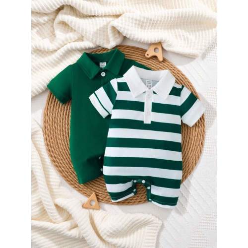 SHEIN 2pcs Cute Casual Color-Block Stripe Collared Short Sleeve Romper With Button-Front And Shorts For Baby Boy | SHEIN USA