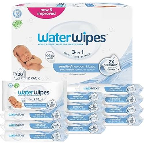 WaterWipes Sensitive+ Newborn & Baby Wipes, 720 Count (12 Packs), 3-In-1 Cleans, Cares, Protects, 99.9% Water, Unscented